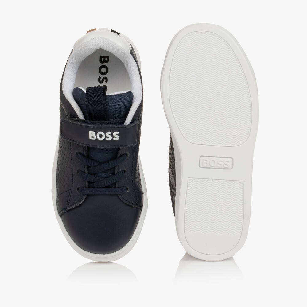BOSS-Boys Navy Blue Monogram Pattern Trainers | Childrensalon