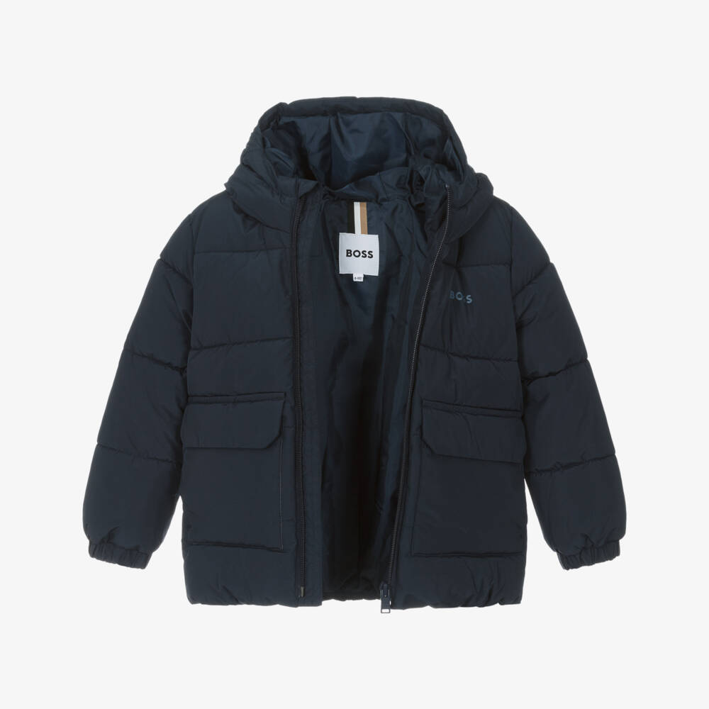 BOSS-Пуховик синий с логотипом в тон для мальчиков | Childrensalon