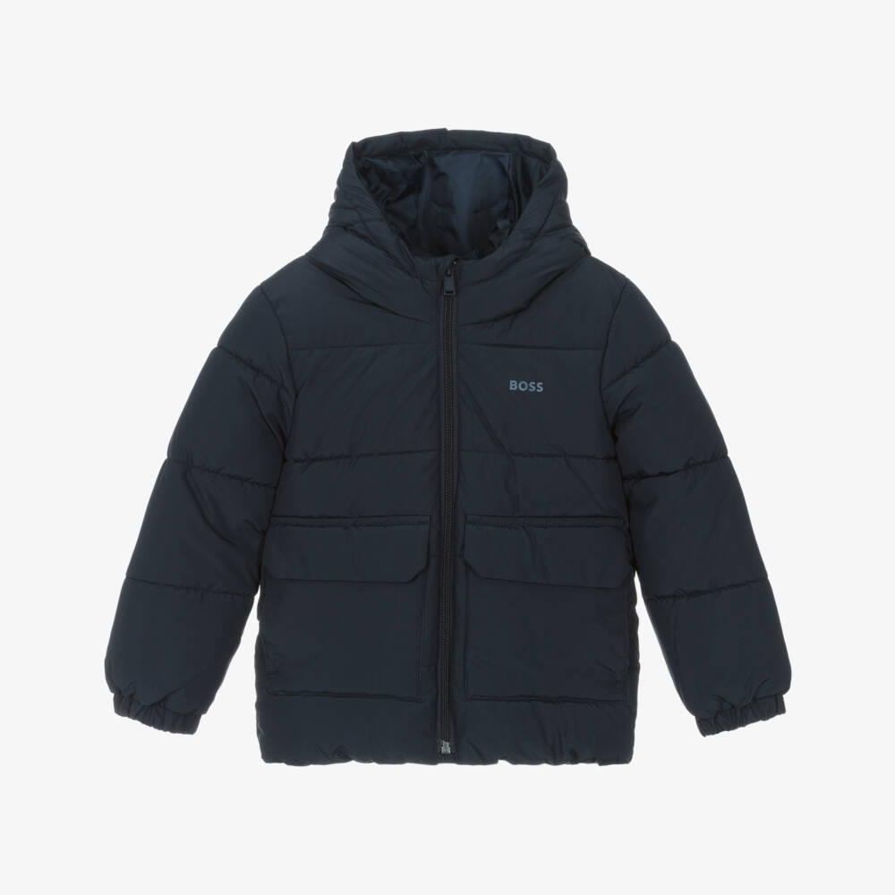 BOSS-Boys Navy Blue Puffer Jacket with Tonal Logo | Childrensalon