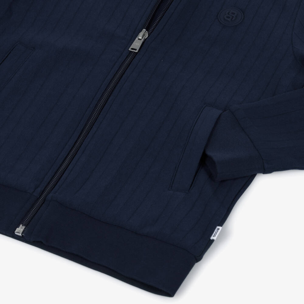 BOSS-Boys Navy Blue Ribbed Cotton Zip-Up Top | Childrensalon