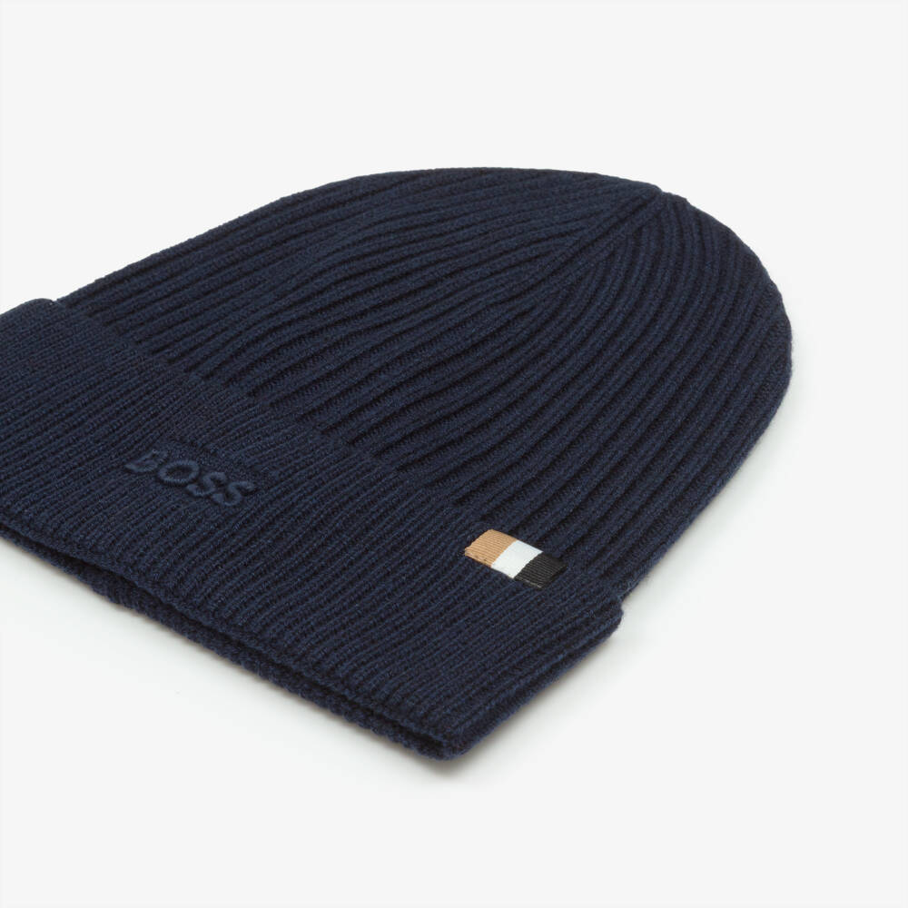 BOSS-Boys Navy Blue Ribbed Knit Beanie Hat | Childrensalon