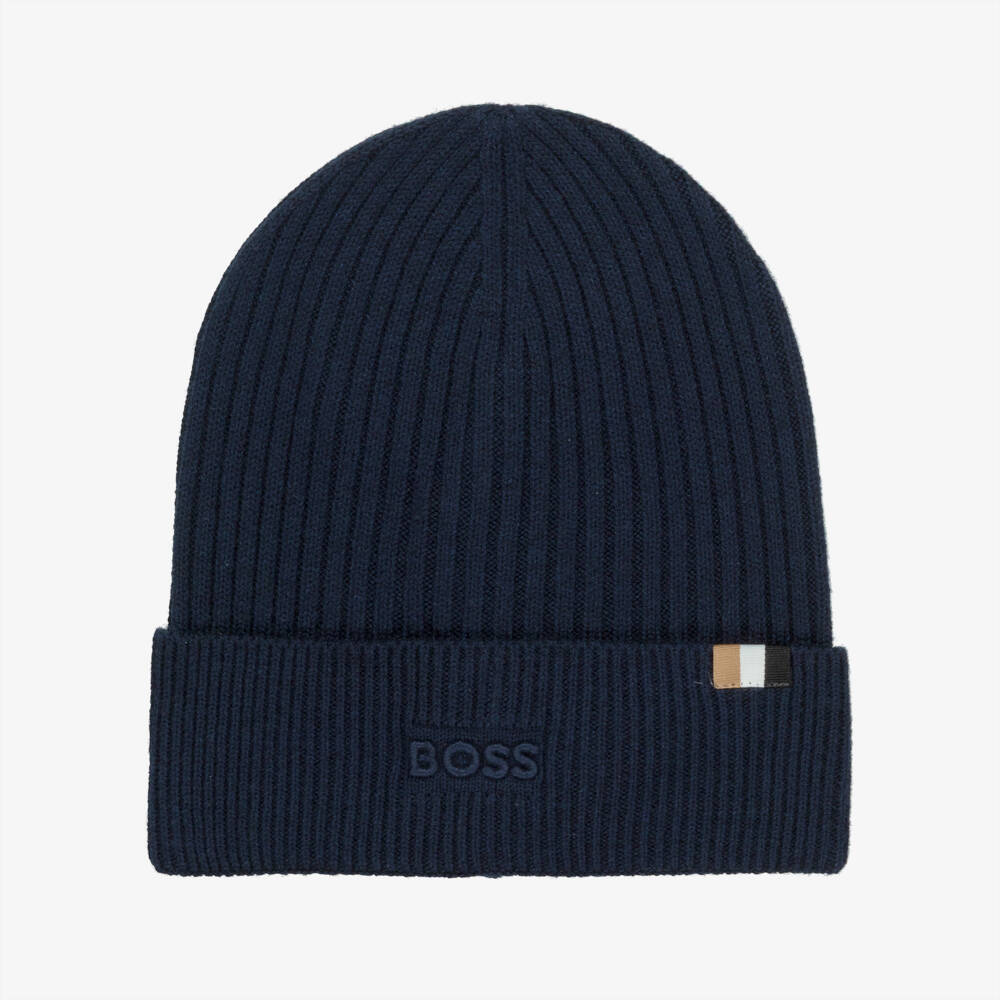 BOSS-Boys Navy Blue Ribbed Knit Beanie Hat | Childrensalon