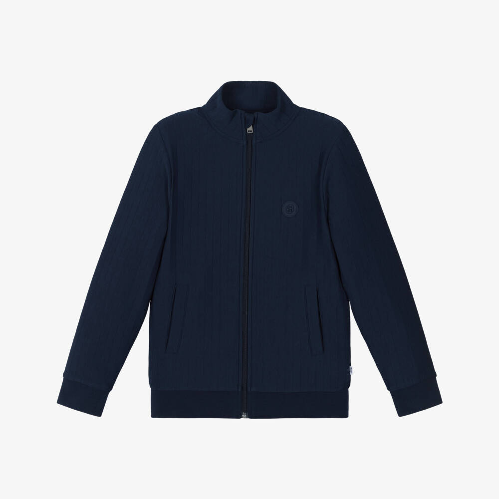 BOSS-Boys Navy Blue Ribbed Zip-Up Top | Childrensalon