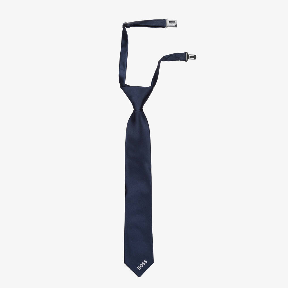 BOSS-Boys Navy Blue Satin Tie | Childrensalon