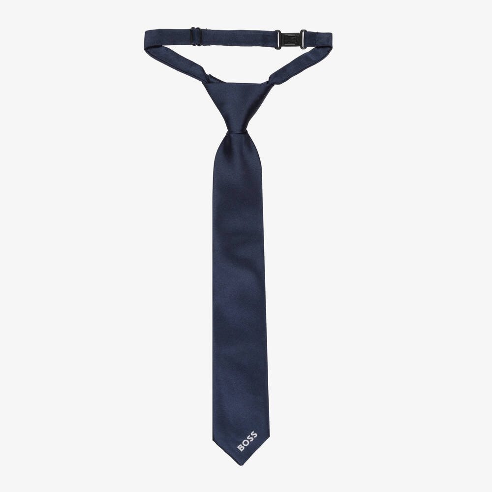 BOSS-Boys Navy Blue Satin Tie | Childrensalon