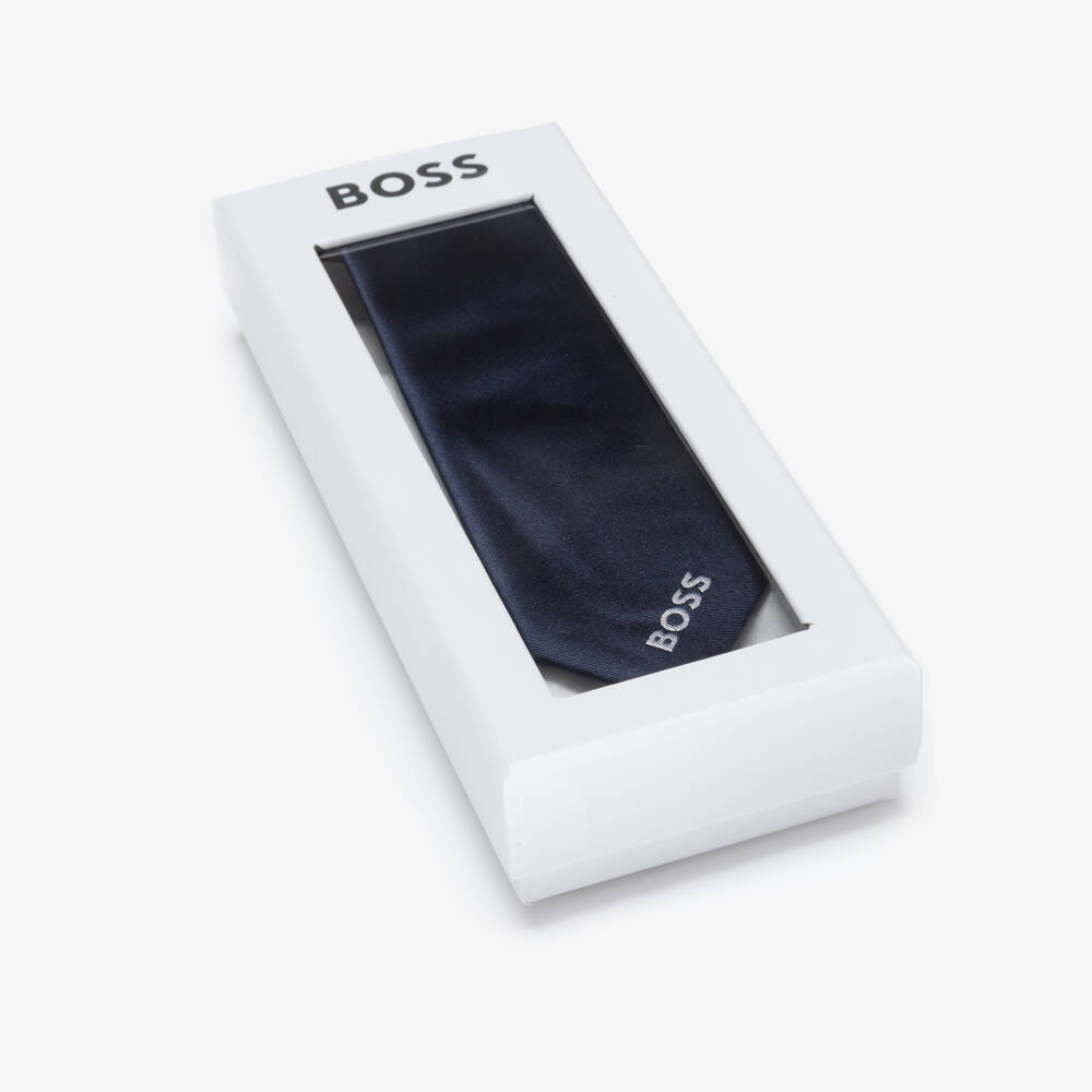 BOSS-Boys Navy Blue Satin Tie | Childrensalon