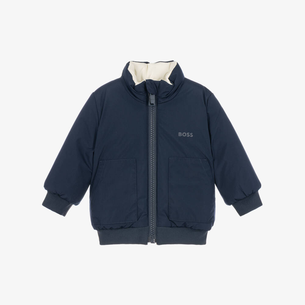 BOSS-Boys Navy Blue & Sherpa Fleece Reversible Jacket | Childrensalon
