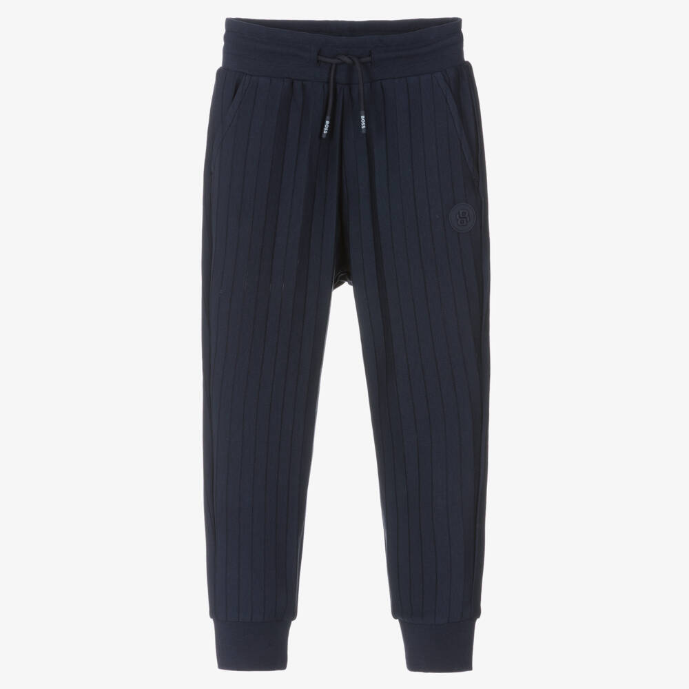 BOSS-Boys Navy Blue Striped Jersey Drawstring Joggers | Childrensalon