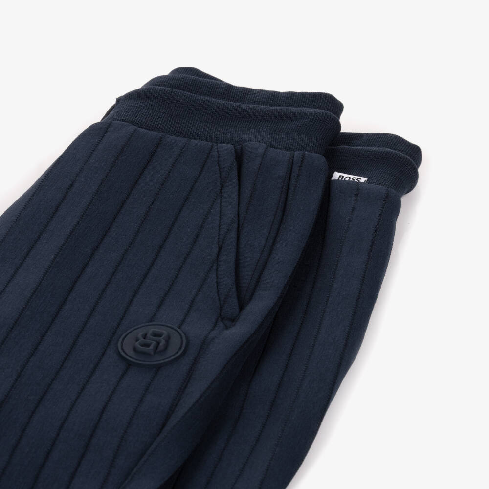 BOSS-Boys Navy Blue Striped Jersey Drawstring Joggers | Childrensalon
