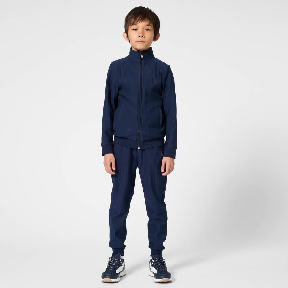 BOSS-Boys Navy Blue Striped Jersey Drawstring Joggers | Childrensalon