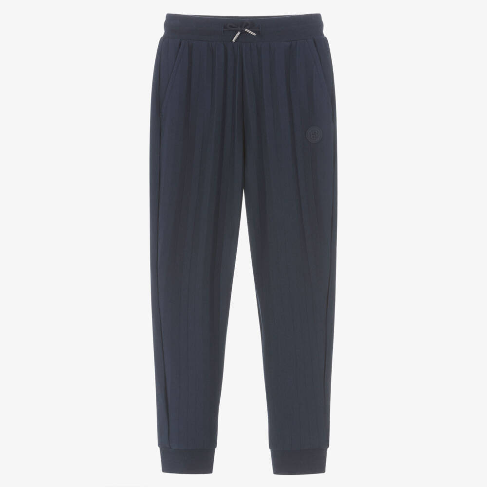 BOSS-Boys Navy Blue Striped Jersey Drawstring Joggers | Childrensalon