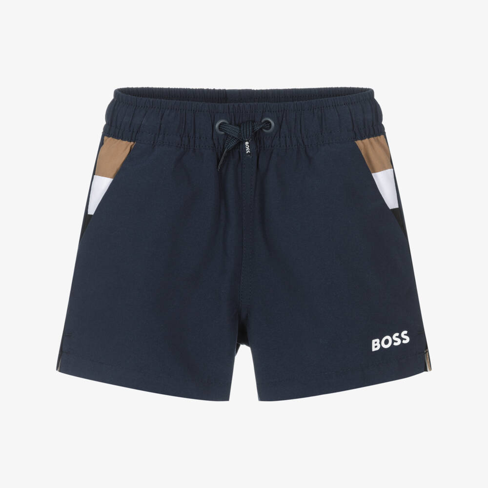 BOSS-Boys Navy Blue Swim Shorts with Tricolour Detailing | Childrensalon