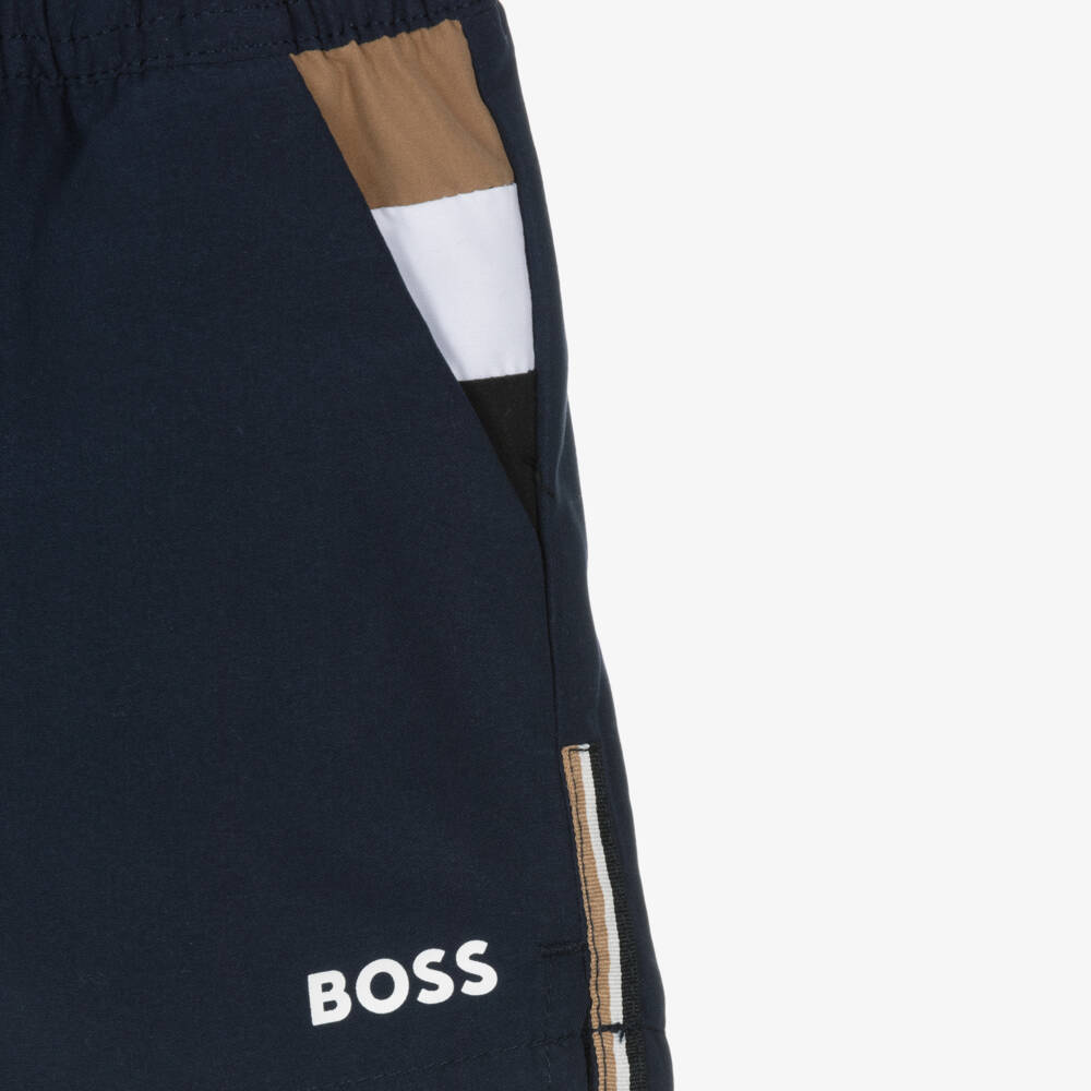 BOSS-Boys Navy Blue Swim Shorts with Tricolour Detailing | Childrensalon