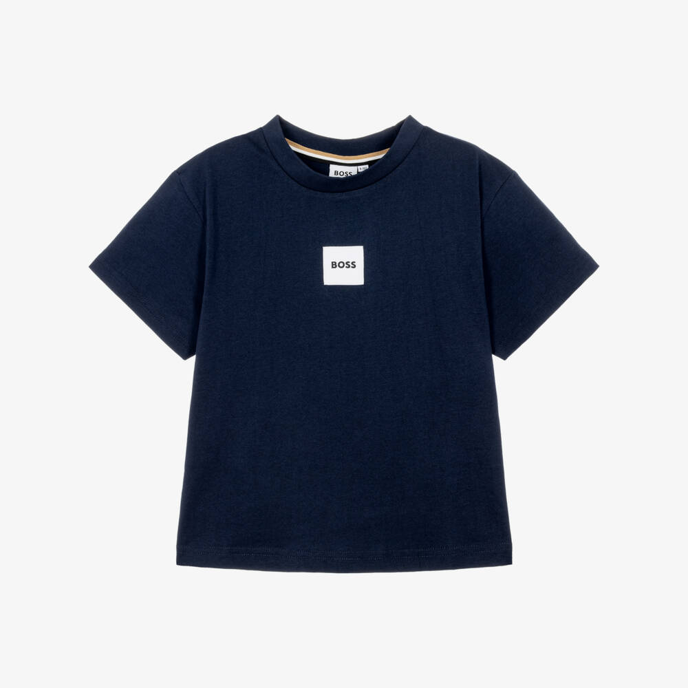 BOSS-Boys Navy Blue T-Shirt with Logo Patch | Childrensalon