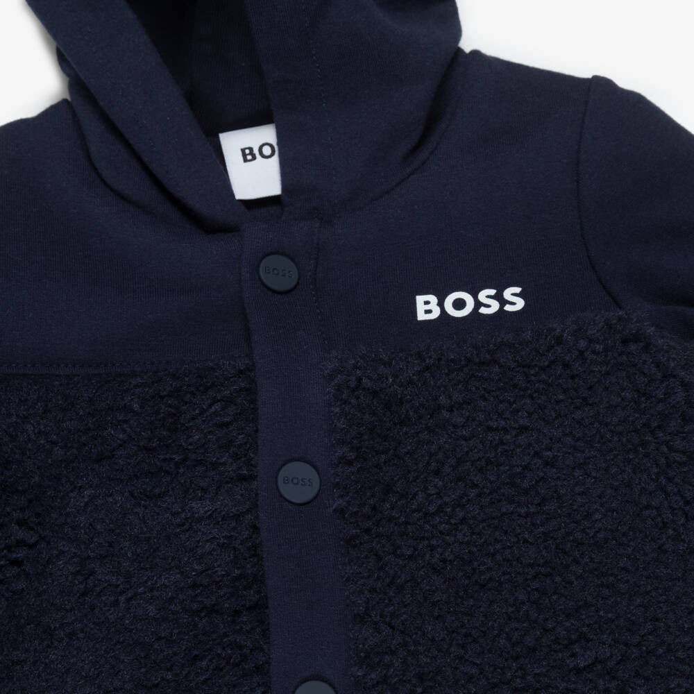 BOSS-Boys Navy Blue Teddy Fleece Pramsuit | Childrensalon
