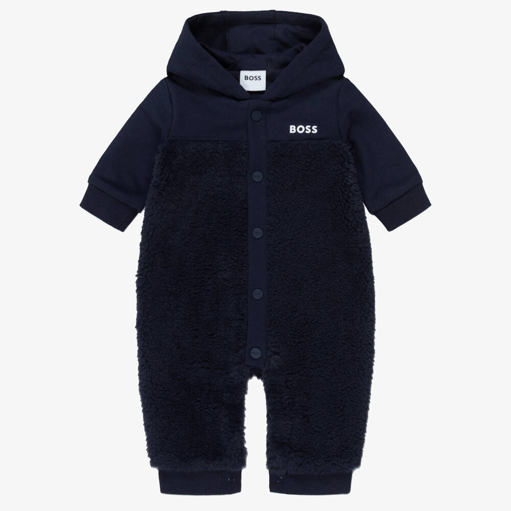 BOSS-Boys Navy Blue Teddy Fleece Pramsuit | Childrensalon