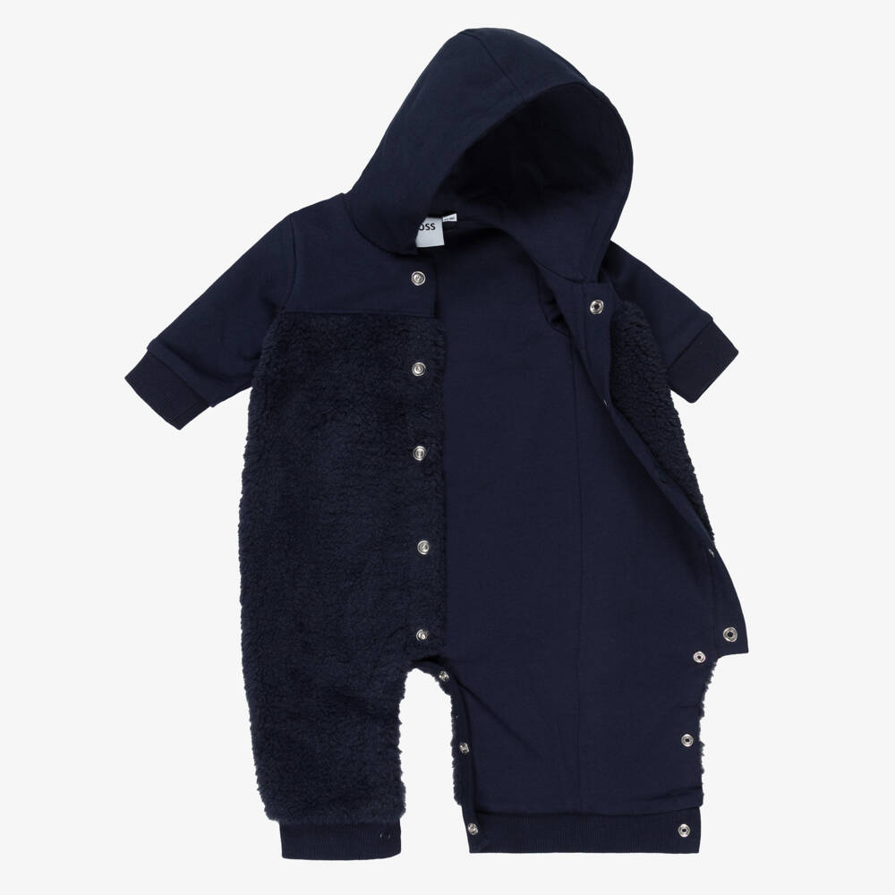 BOSS-Boys Navy Blue Teddy Fleece Pramsuit | Childrensalon