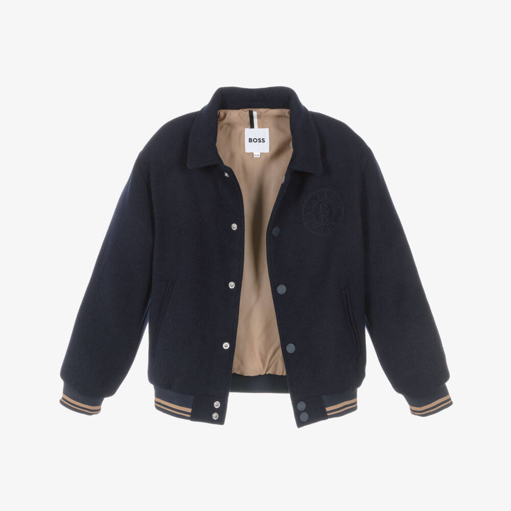 BOSS-Boys Navy Blue Varsity Jacket with Crest Embroidery | Childrensalon