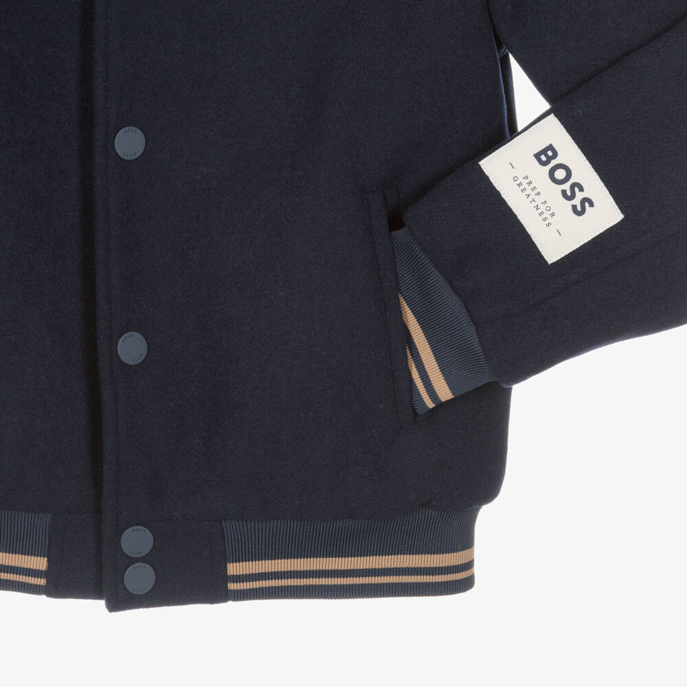 BOSS-Boys Navy Blue Varsity Jacket with Crest Embroidery | Childrensalon