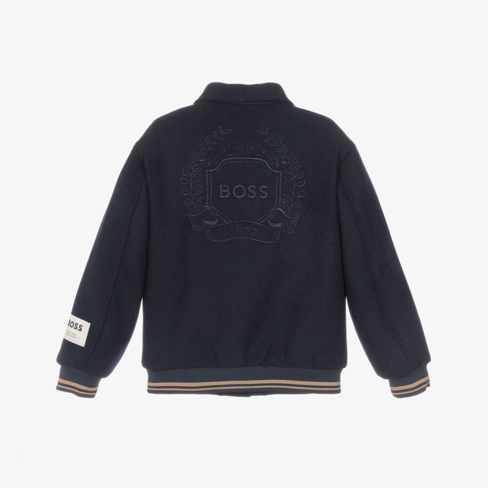 BOSS-Boys Navy Blue Varsity Jacket with Crest Embroidery | Childrensalon