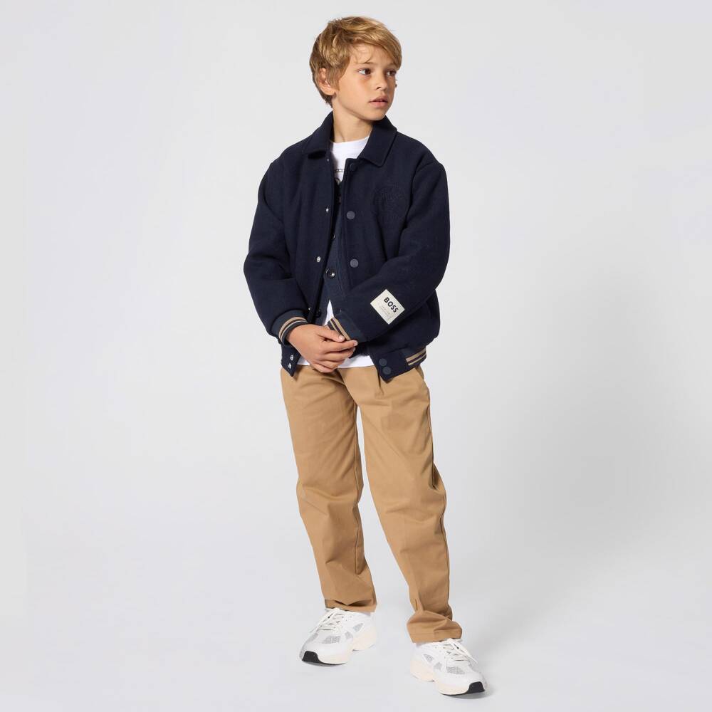 BOSS-Boys Navy Blue Varsity Jacket with Crest Embroidery | Childrensalon