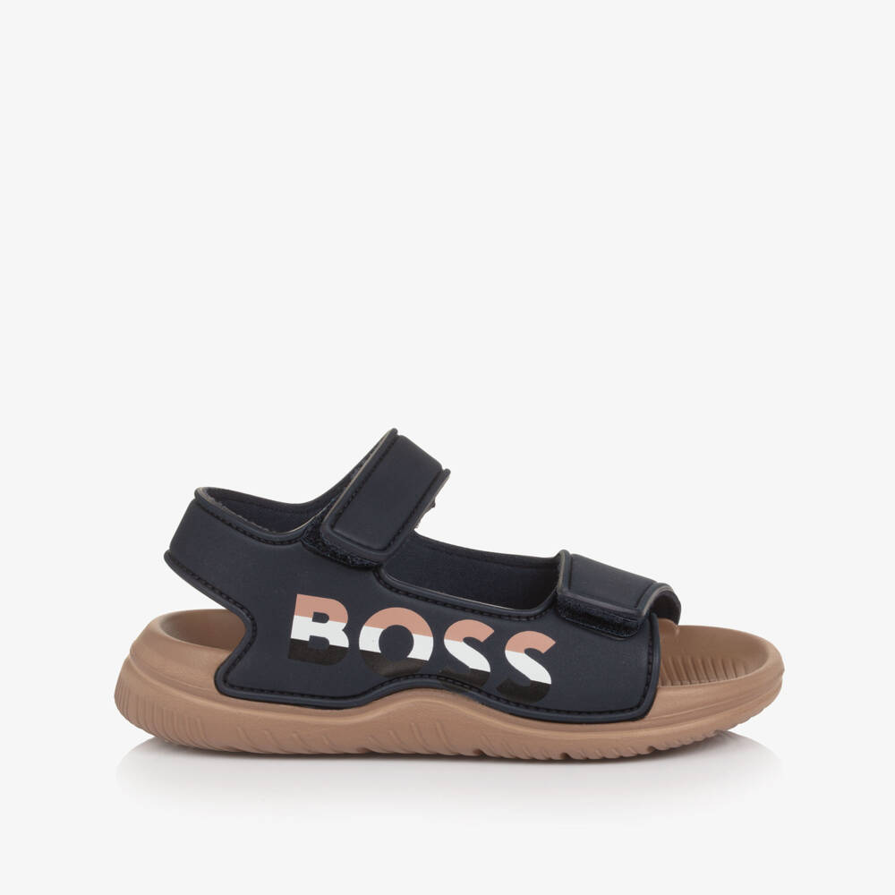 BOSS-Boys Navy Blue Velcro Sandals with Logo | Childrensalon