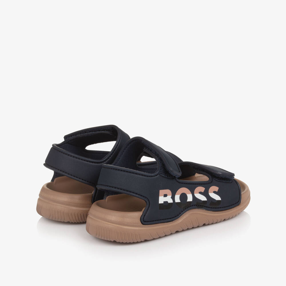 BOSS-Boys Navy Blue Velcro Sandals with Logo | Childrensalon