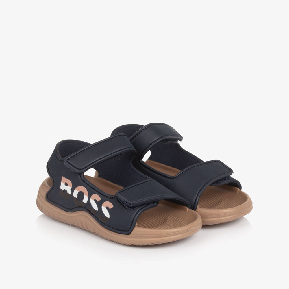 BOSS-Boys Navy Blue Velcro Sandals with Logo | Childrensalon