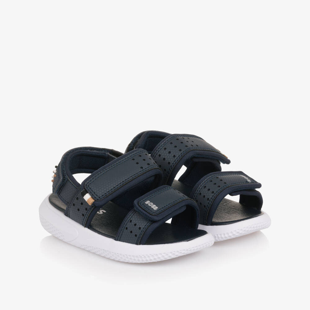 BOSS-Boys Navy Blue Velcro Sandals with White Logo Print | Childrensalon
