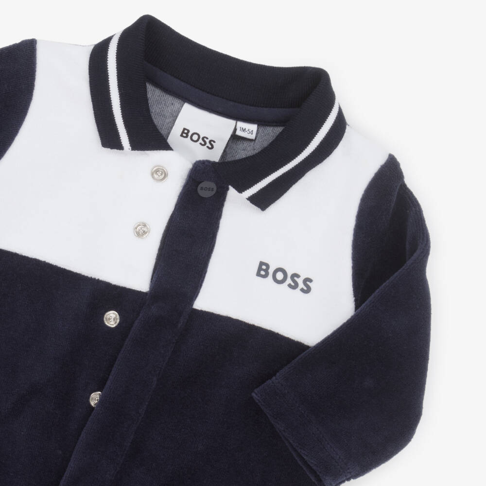 BOSS-Boys Navy Blue Velour Babygrow with Ribbed Collar | Childrensalon