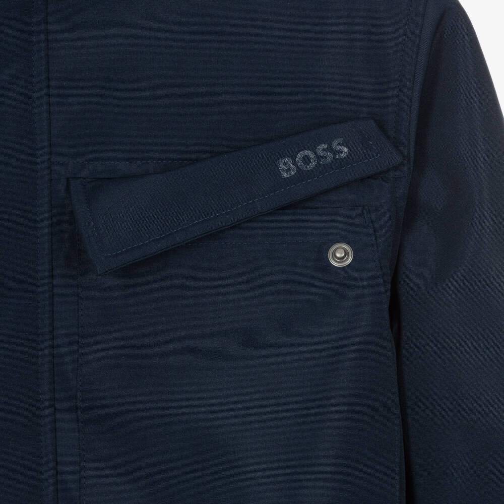 BOSS-Boys Navy Blue Water-Repellent Jacket with Hood | Childrensalon