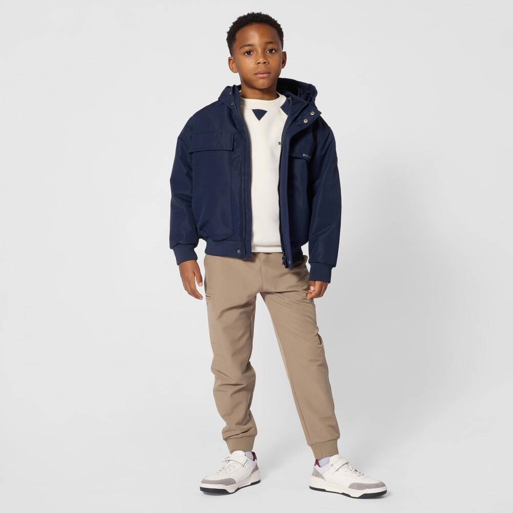 BOSS-Boys Navy Blue Water-Repellent Jacket with Hood | Childrensalon
