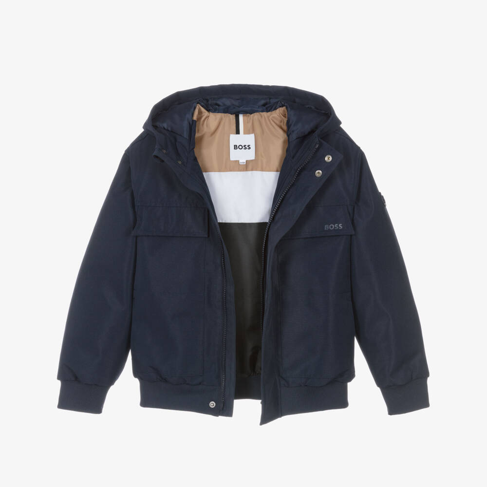 BOSS-Boys Navy Blue Water-Repellent Jacket with Hood | Childrensalon