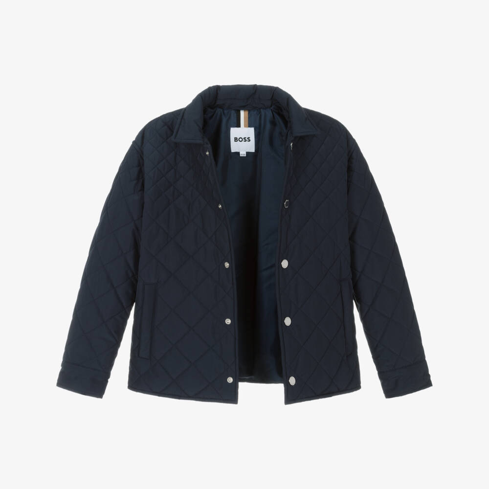 BOSS-Boys Navy Blue Water Repellent Quilted Jacket | Childrensalon