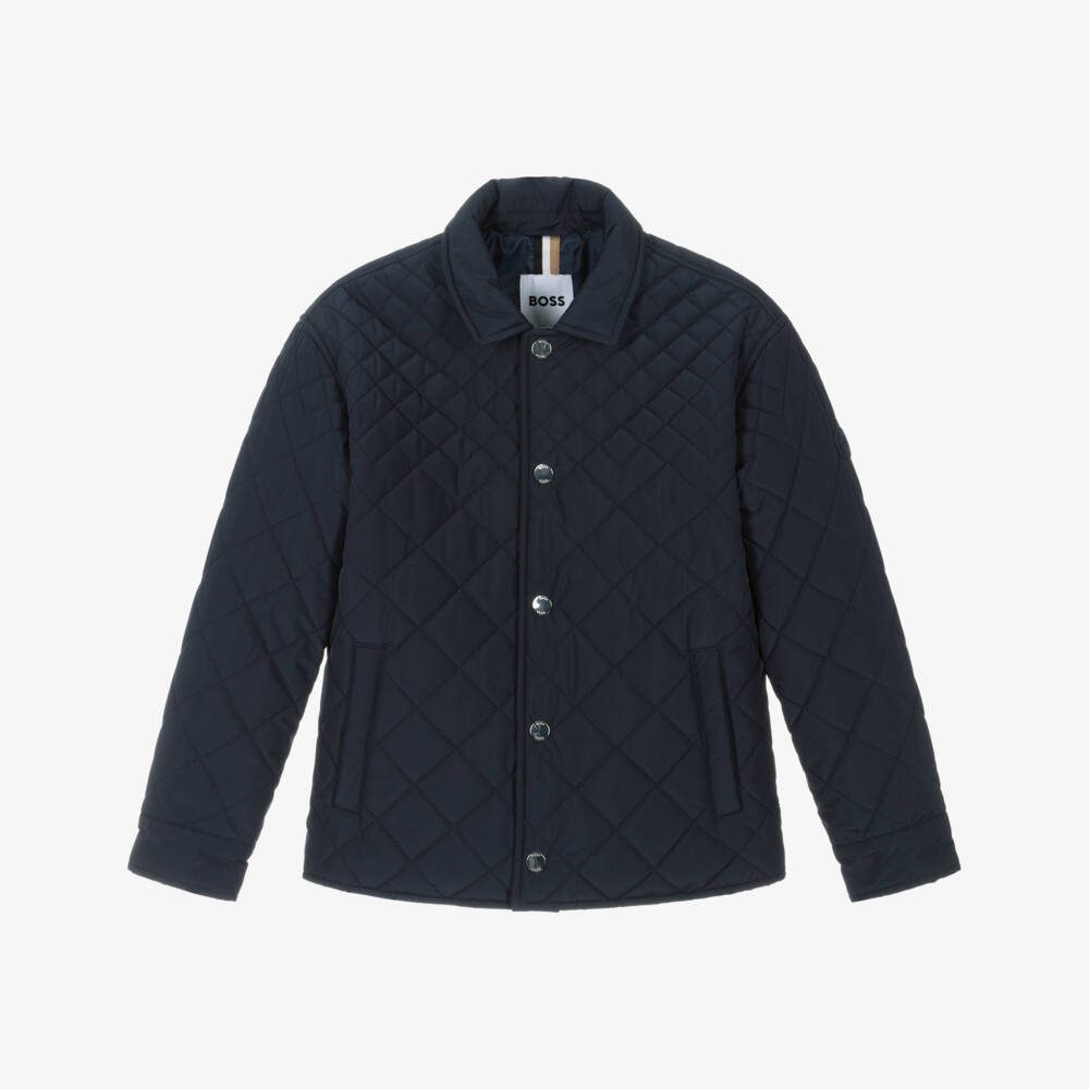 BOSS-Boys Navy Blue Water Repellent Quilted Jacket | Childrensalon