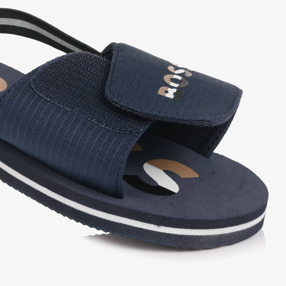 BOSS-Boys Navy Blue Wide Velcro Strap Logo Sandals | Childrensalon