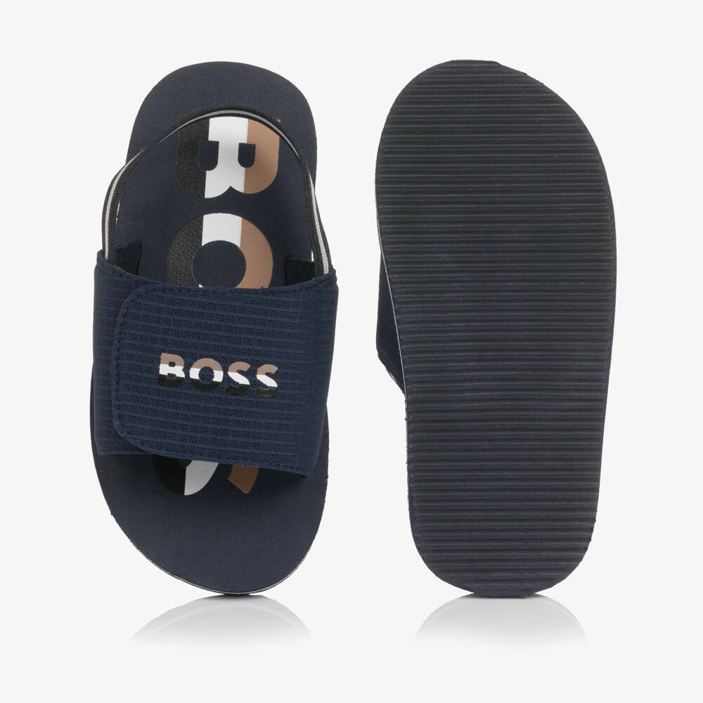BOSS-Boys Navy Blue Wide Velcro Strap Logo Sandals | Childrensalon