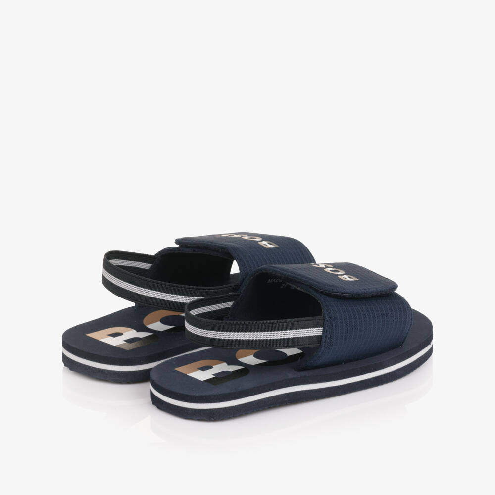 BOSS-Boys Navy Blue Wide Velcro Strap Logo Sandals | Childrensalon
