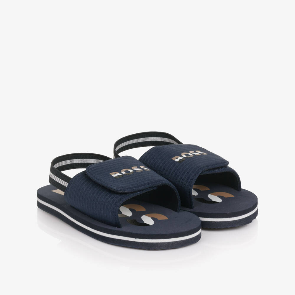 BOSS-Boys Navy Blue Wide Velcro Strap Logo Sandals | Childrensalon