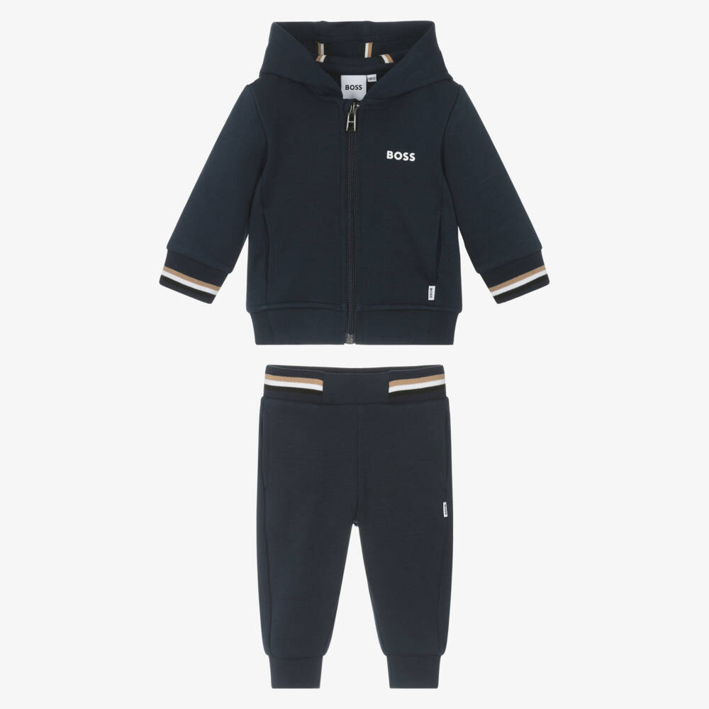 BOSS-Boys Navy Blue Zip-Up Hooded Tracksuit | Childrensalon