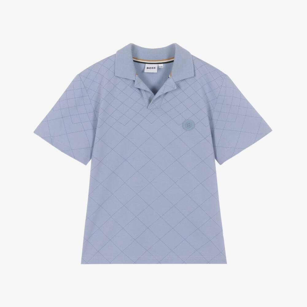 BOSS-Boys Pale Blue Cotton Polo Shirt with Diamond Pattern | Childrensalon
