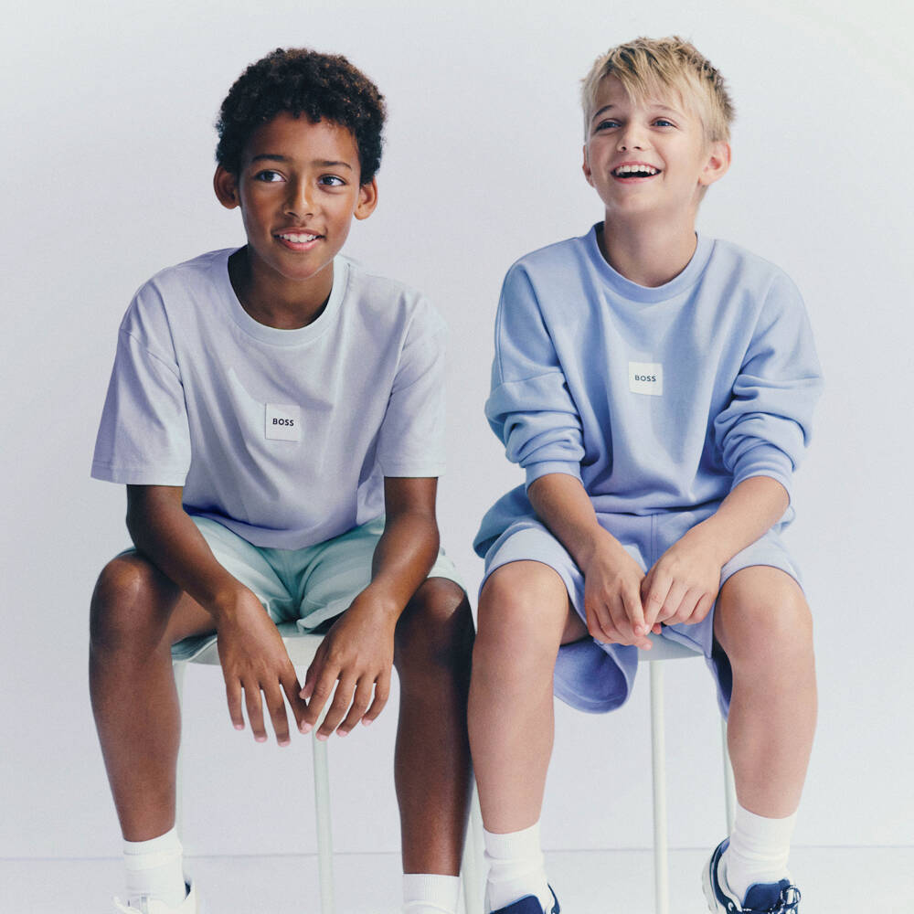 BOSS-Футболка голубая из хлопка с логотипом для мальчиков | Childrensalon