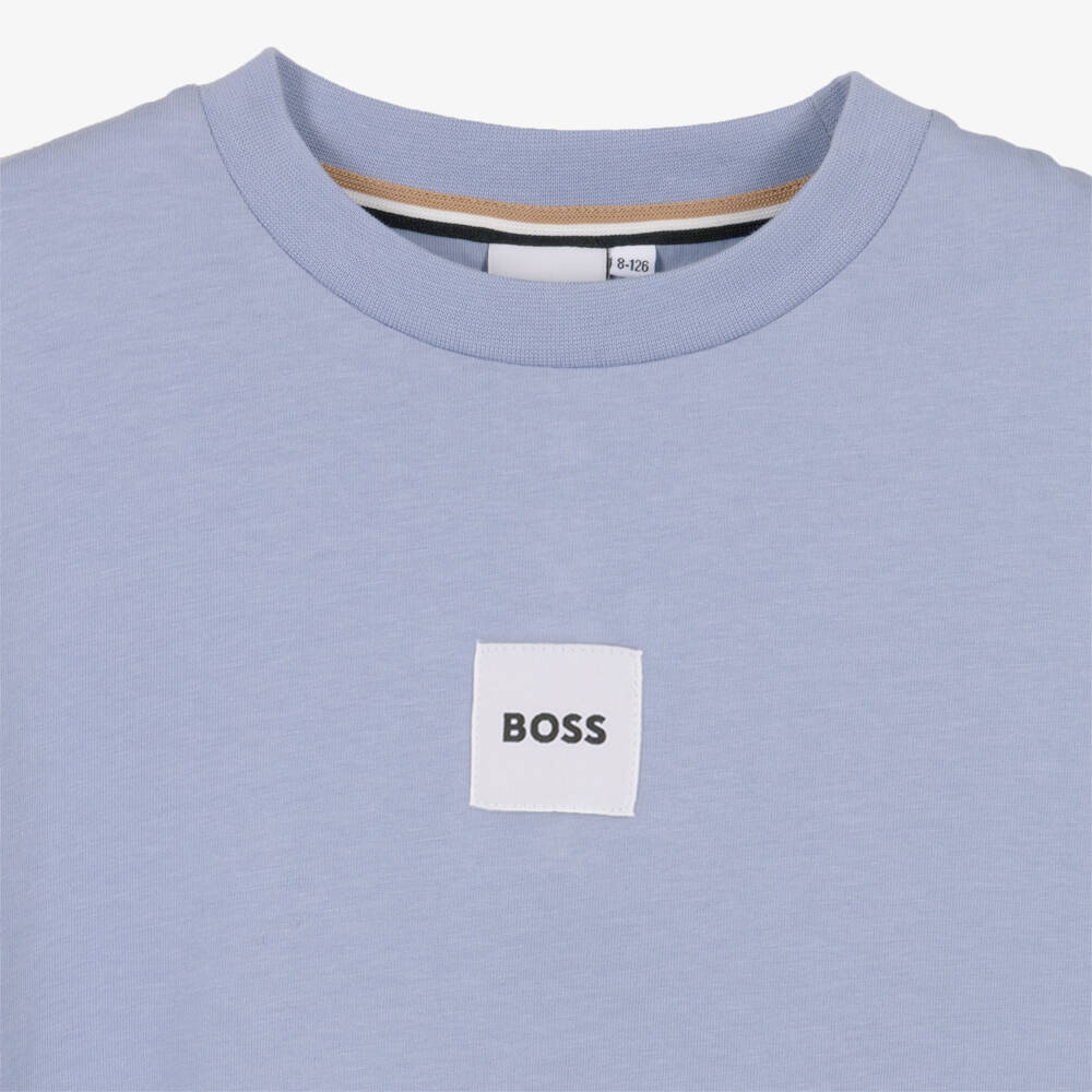 BOSS-Boys Pale Blue Cotton T-Shirt with Logo Patch | Childrensalon