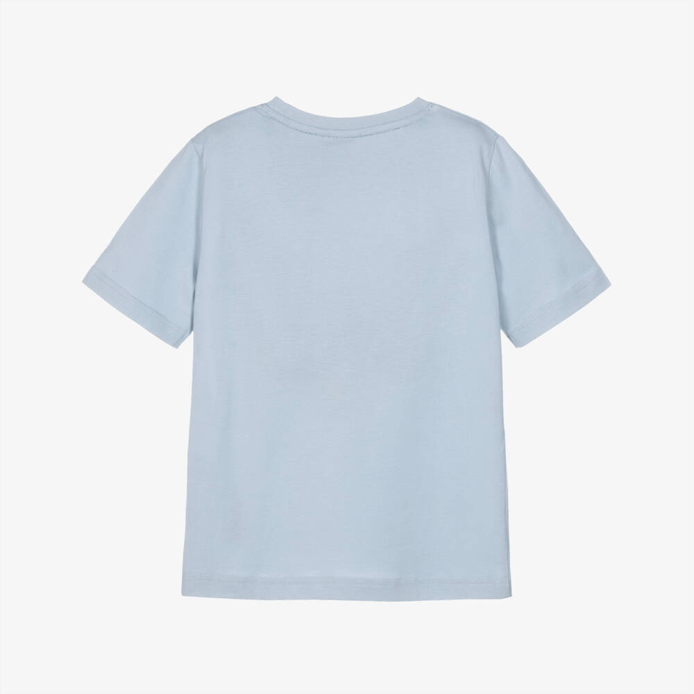 BOSS-Boys Pale Blue Cotton T-Shirt with Triple Logo Print | Childrensalon