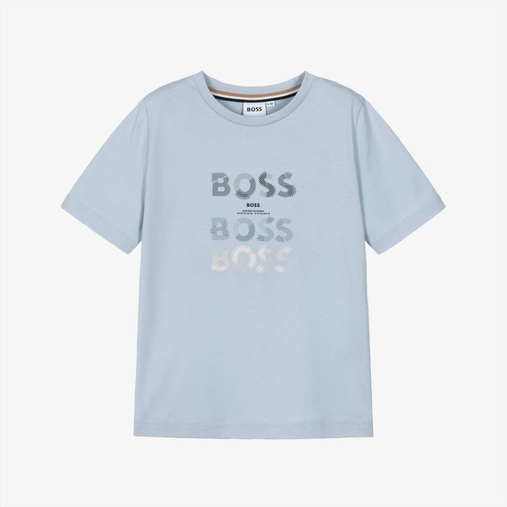 BOSS-Boys Pale Blue Cotton T-Shirt with Triple Logo Print  | Childrensalon