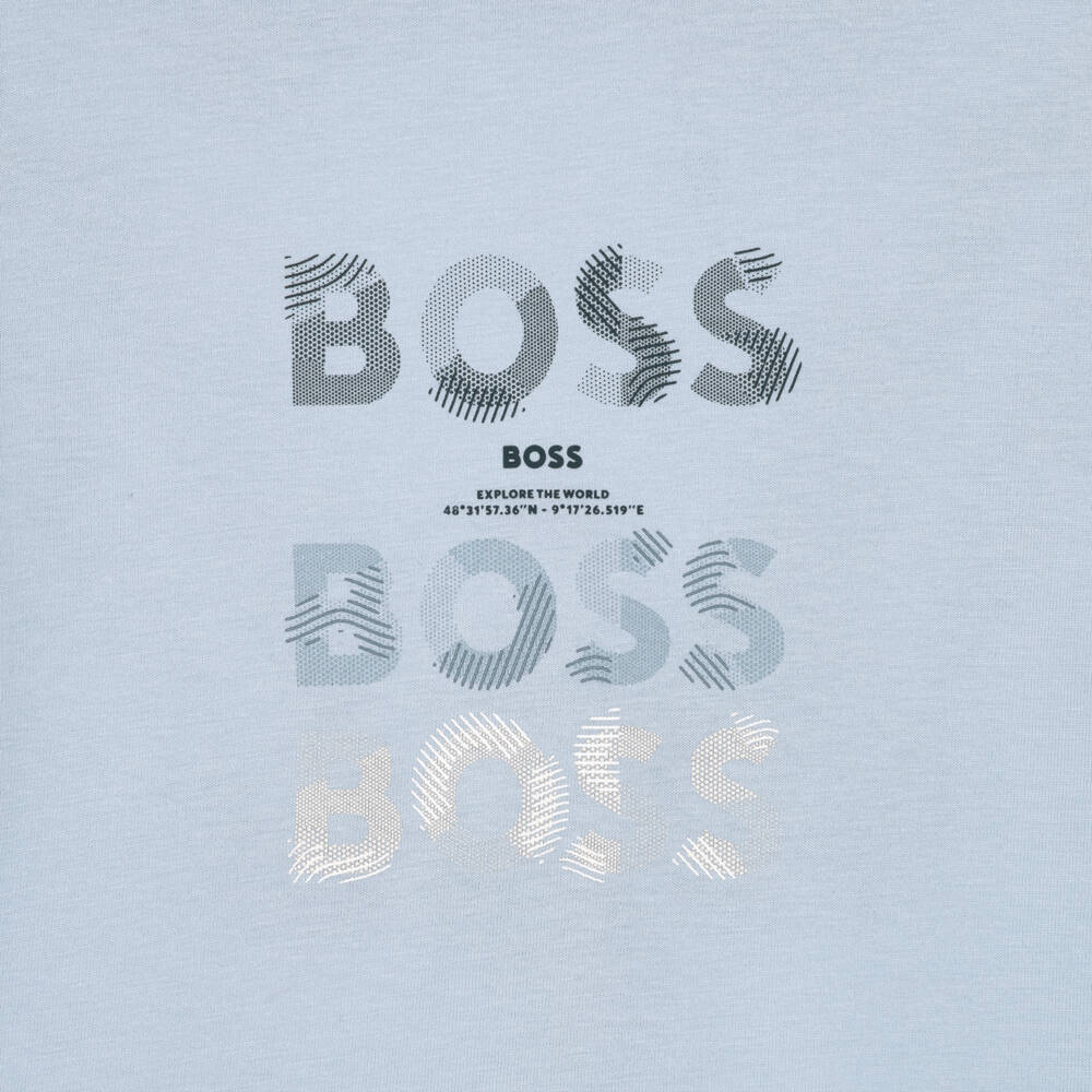 BOSS-Boys Pale Blue Cotton T-Shirt with Triple Logo Print | Childrensalon