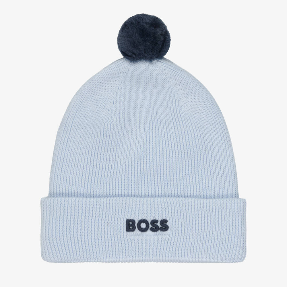 BOSS-Boys Pale Blue Knitted Cotton Pom-Pom Hat | Childrensalon