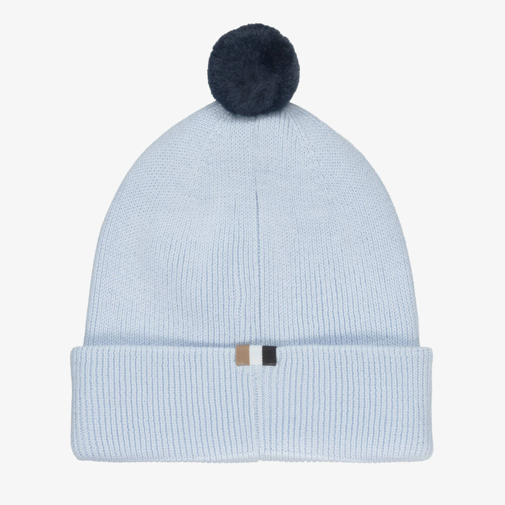 BOSS-Boys Pale Blue Knitted Cotton Pom-Pom Hat | Childrensalon