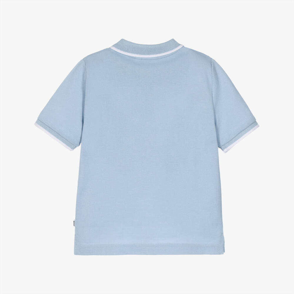 BOSS-Boys Pale Blue Piqué Logo Polo Shirt | Childrensalon