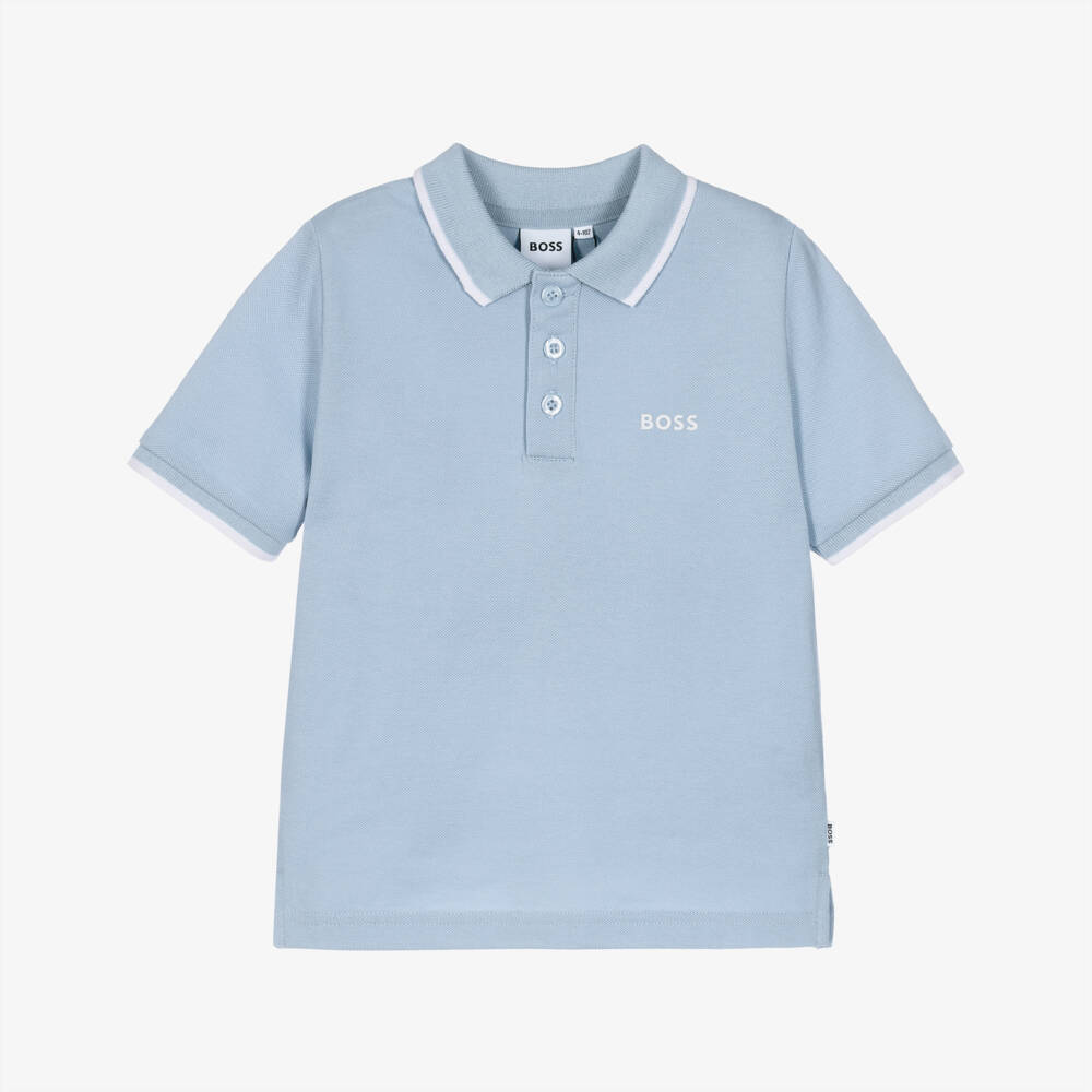BOSS-Boys Pale Blue Piqué Logo Polo Shirt | Childrensalon